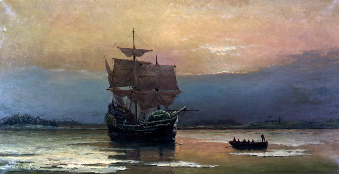 Mayflower_in_Plymouth_Harbor,_by_William_Halsall