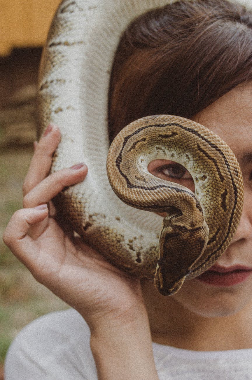 woman holding brown snake