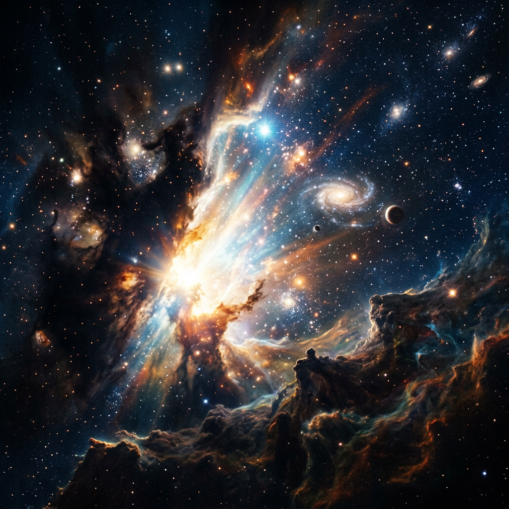Bright cosmic explosion with surrounding galaxies, stars, nebulae, and distant planets in deep space